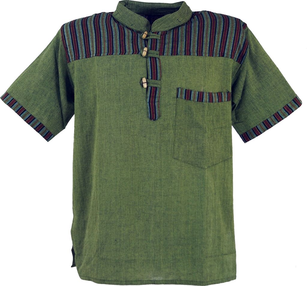 Nepal Fischerhemd, Gestreiftes Goa Hippie Kurzarmhemd - Olive, Herren, Grün, Baumwolle, Größe: XXL