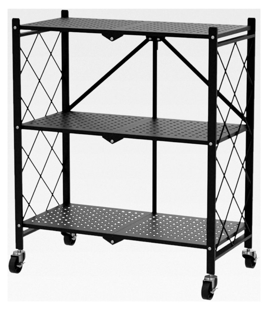 3-stöckiges Klappregal, 71,5 x 36,5 x 87 cm, mit Rollen, Haushaltsregal, faltbarer Aufbewahrungswagen für Küche, Büro, Lager (Schwarz)