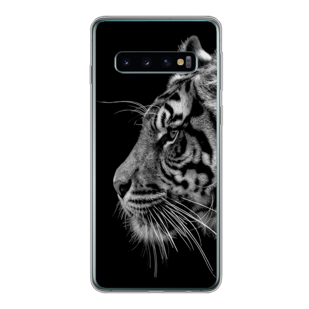 MuchoWow Handyhülle Schutzhülle Hülle für Samsung Galaxy S10 Tiger auf schwarzem Hintergrund in schwarz und weiß Silikon Softcase Handy Hül...