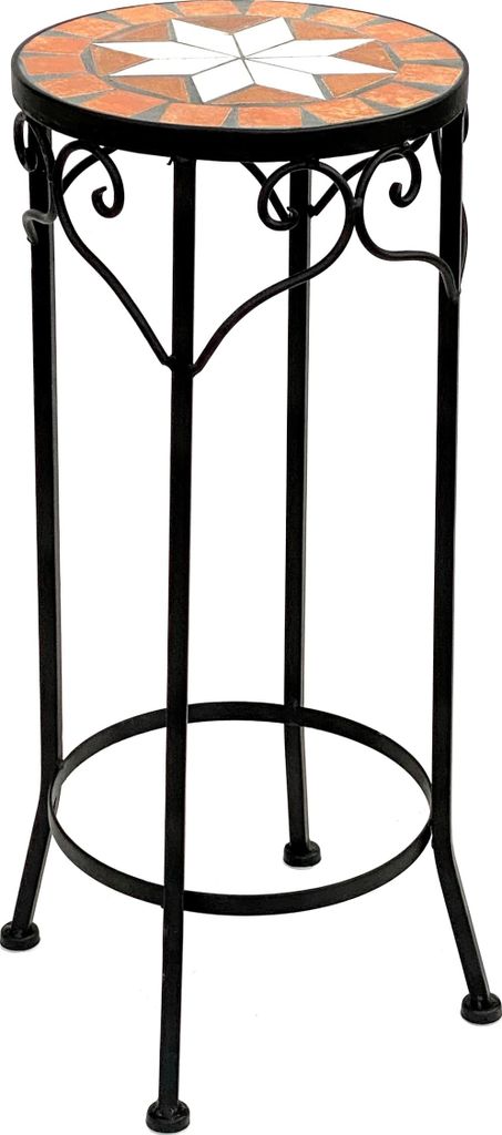 A round mosaic plant stand with a decorative metal base.