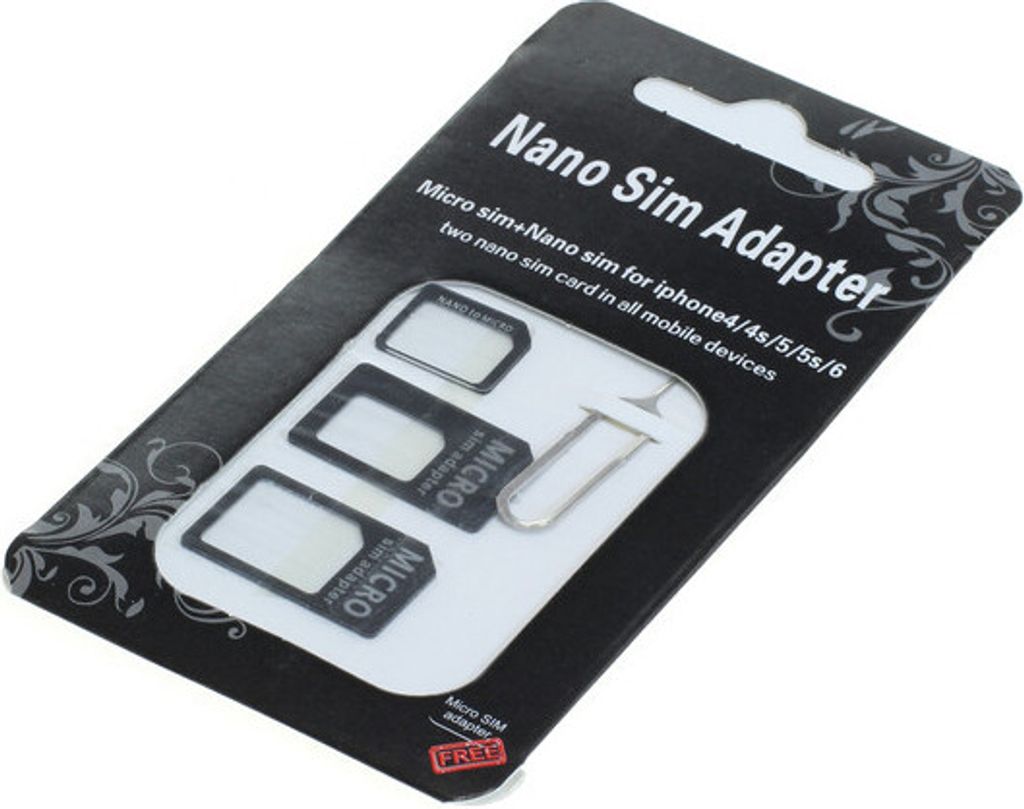A blister pack containing a nano SIM adapter set for mobile devices.