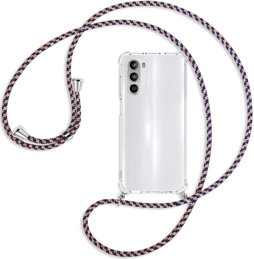 Handykette Backcover-Schutzhülle mit Band (Metall silberfarben) für Motorola Moto G52 / G82 - blau+beige