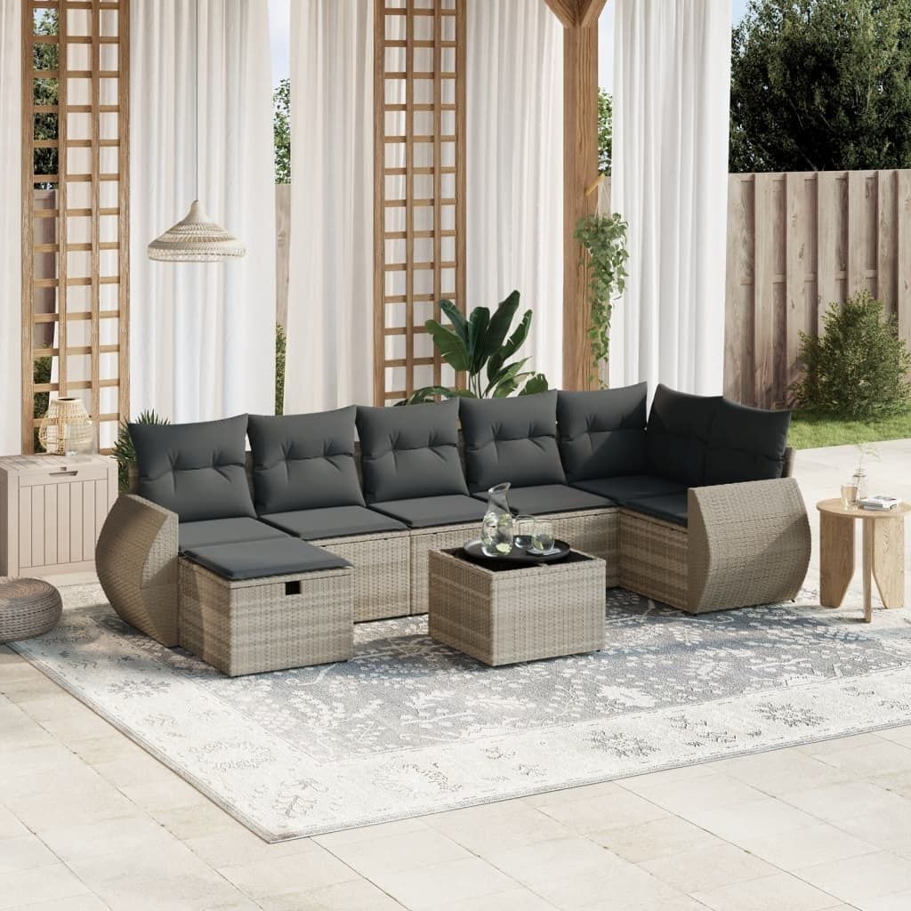"2026 Promotion" 8-tlg. Garten-Sofagarnitur/Terrassenmöbel - mit Kissen - Hellgrau Poly Rattan - Gartenmöbelset CC13025