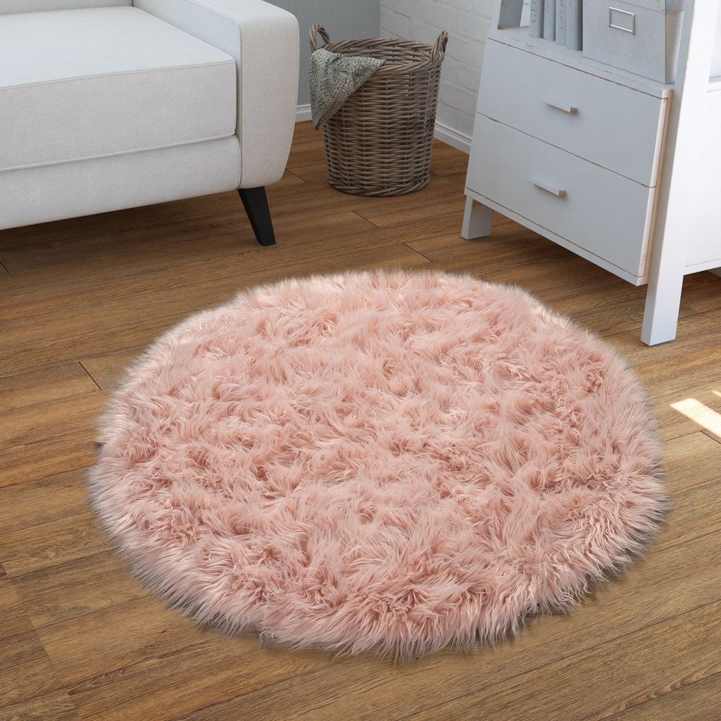 TT Home Wohnzimmer Hochflor Teppich Kunst-Fell Design Versch. Formen Unifarben, In Rosa Größe 120 cm Rund