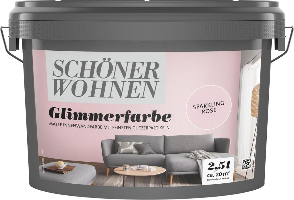 A bucket of paint with a lifestyle image of a living room on the label.