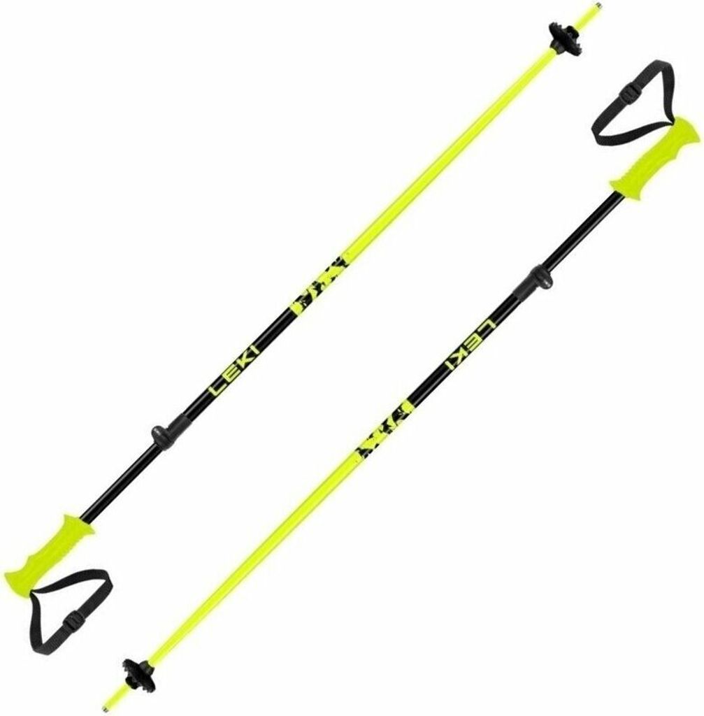 A pair of yellow and black ski poles against a white background.