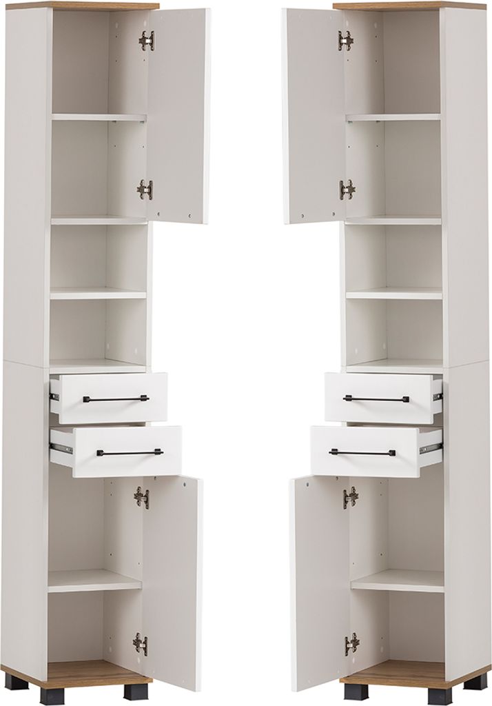 Badezimmer Hochschrank in weiß matt mit Eiche Nb. JAUSA-80 Landhaus-Stil, B/H/T ca. 30,3/180,9/32,6 cm