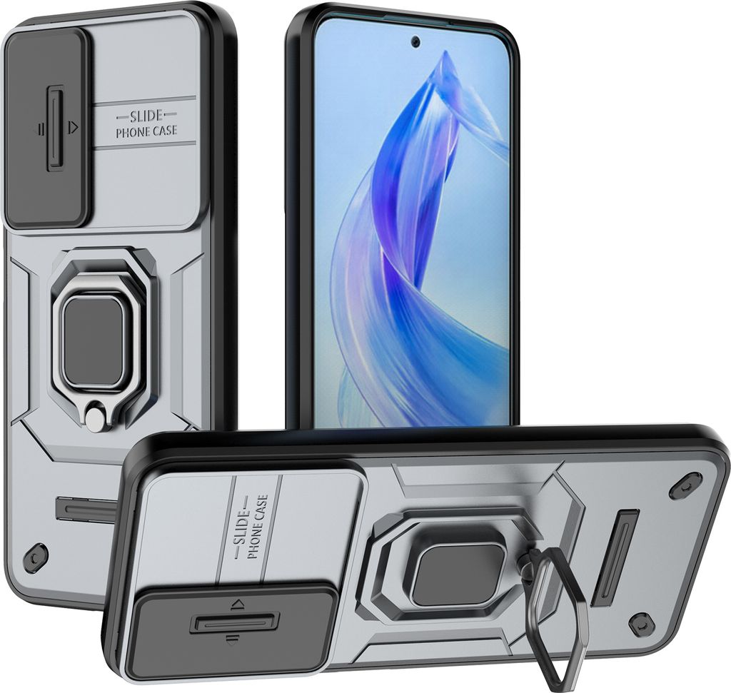 Hülle für Honor 90 Lite Dual Layer Handyhülle Schiebe Kamera Schutz und Ringhalter Ständer Grau