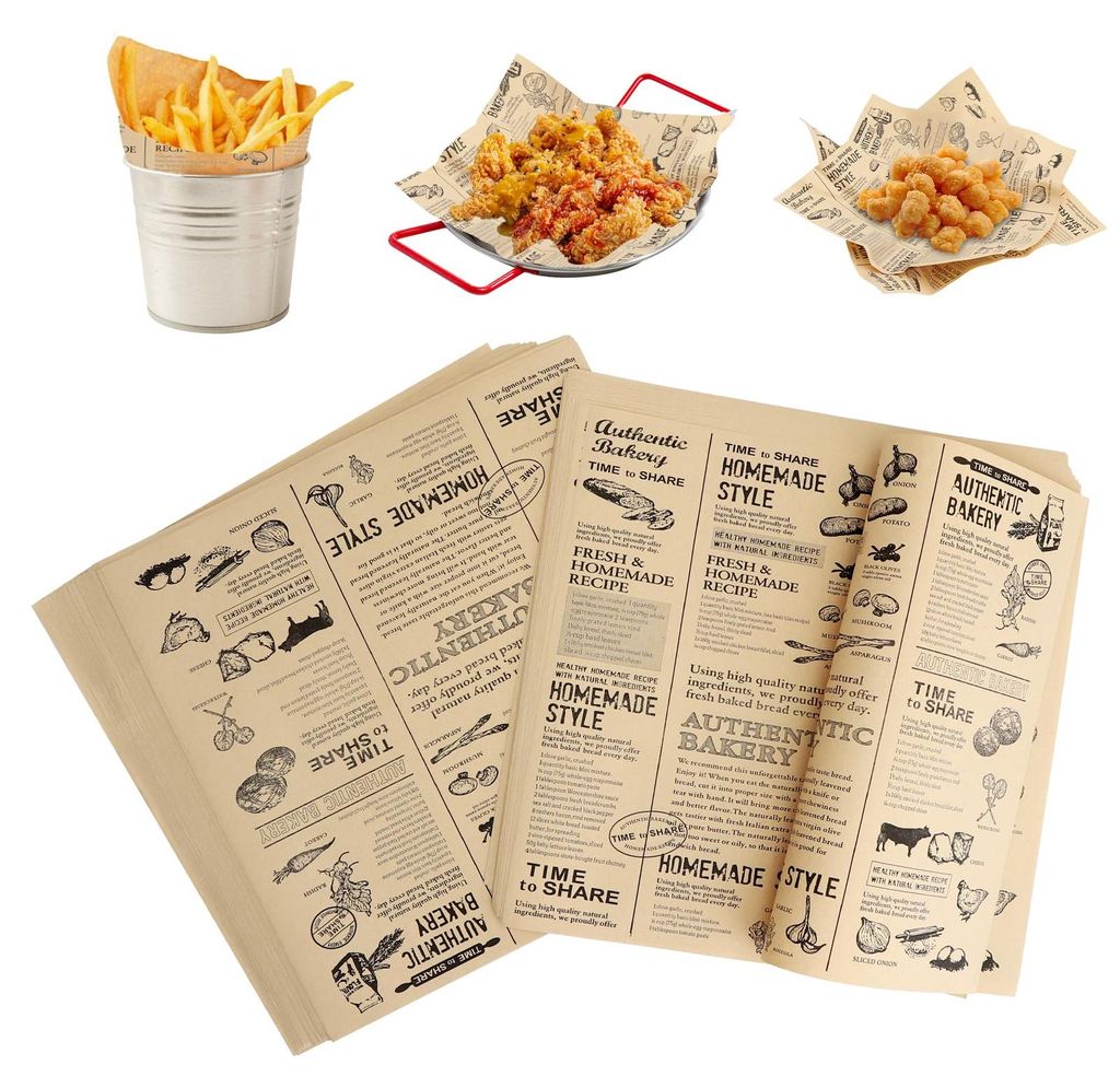 100 Blatt Backpapier 25x25 cm, Burgerpapier, Backpapier in Zeitungsoptik, Mini-Burgerbrötchen für Hamburger, Sandwiches und Grillgerichte, fettdi...