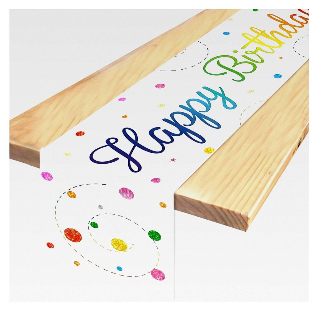 Bunte Happy Birthday Tischdecke, Geburtstagsdeko, Tischläufer für Jungen und Mädchen, 180 x 35 cm (Weiß)