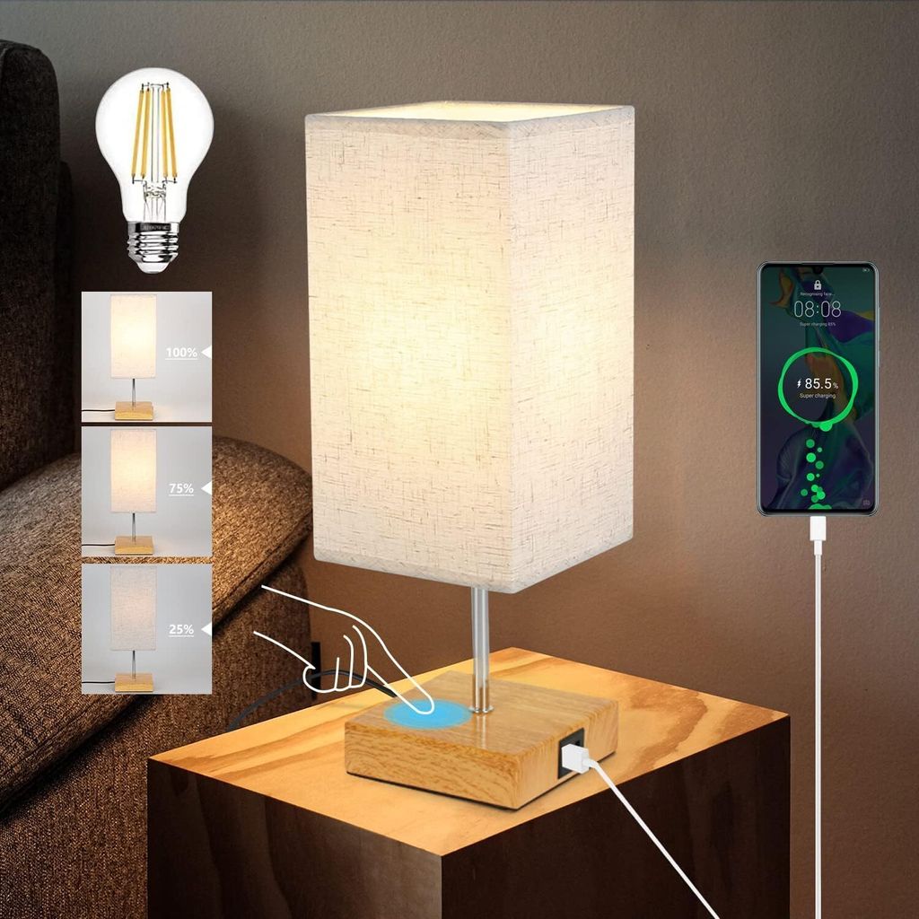 ZMH 1er Set Tischlampe touch dimmbar Nachttischlampe 2 USB - Vintage Tischleuchte mit Ladefunktion E27 Aufladbar Nachtlicht Licht mit Stoff Lampens...