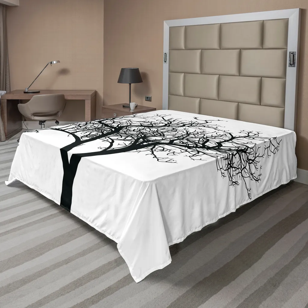 ABAKUHAUS Lenzuolo con albero solitario, rami spogli monocromatici e semplici di un albero invernale a tema naturale, lenzuolo superiore morbido e confortevole per un letto decorativo 1 pezzo 260 cm x 228 cm, bianco e nero