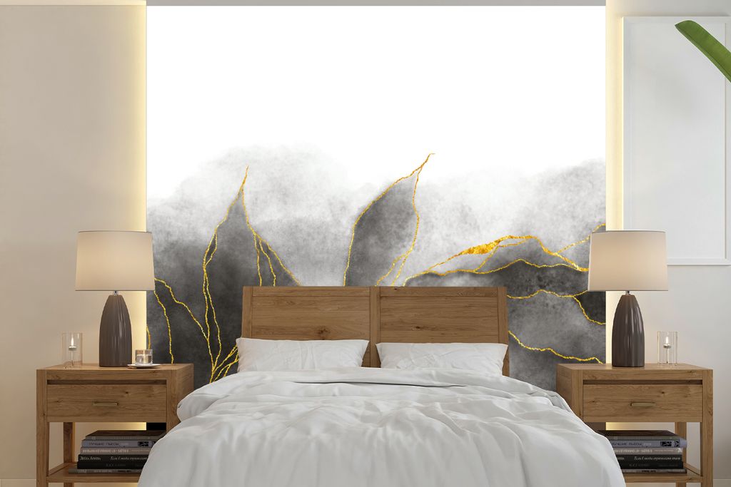 MuchoWow Fototapete für Wohnzimmer oder Schlafzimmer Wandtapete Vinyl Motivtapete Marmor - Schwarz - Gold - Luxus - Marmoroptik - 220x220 cm - T...