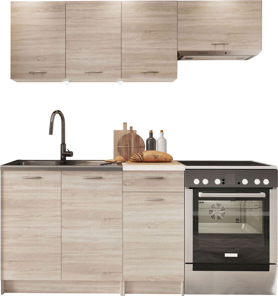 A modern kitchen unit with cabinets, a sink, a faucet, and a stove, presented against a white background.