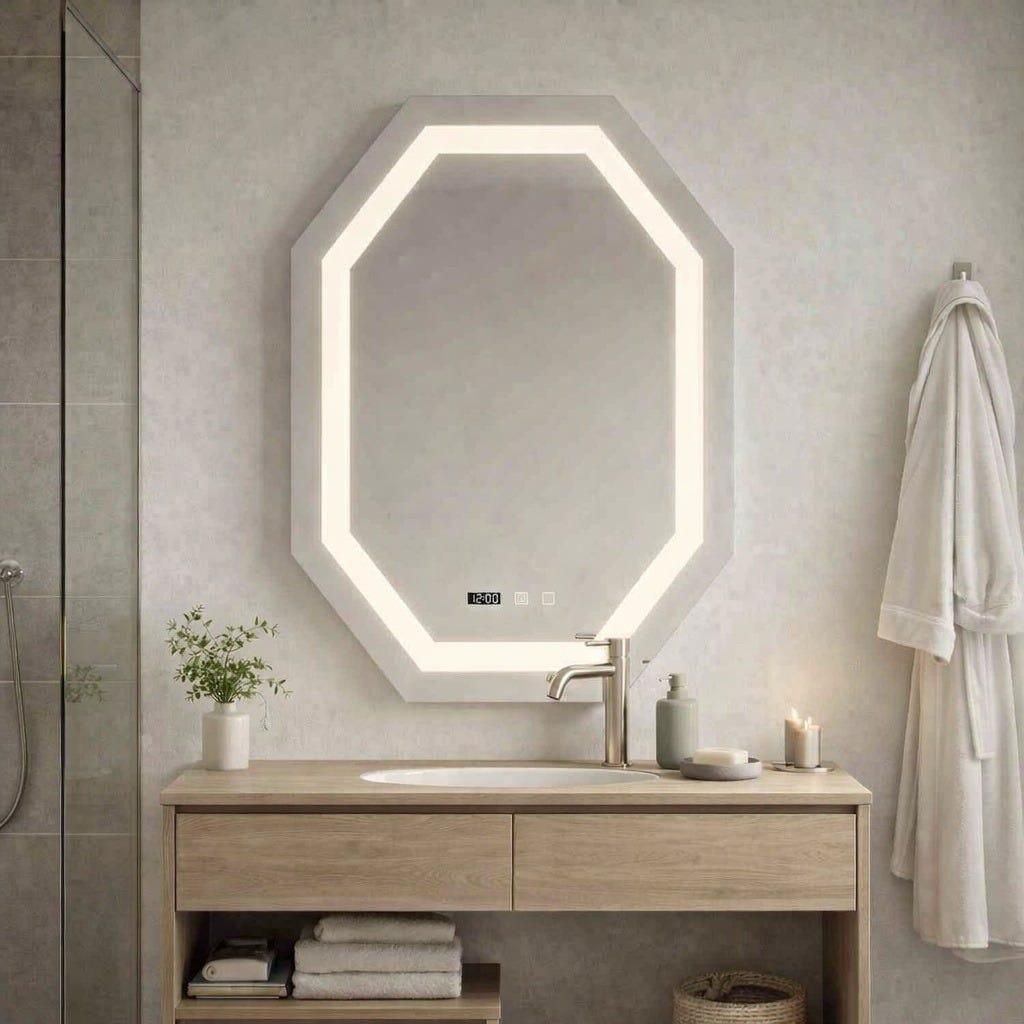 Spiegel für das Badezimmer, beleuchtet mit LEDs, achteckig, 75x100 cm, mit Touch-Funktion und digitaler Uhr