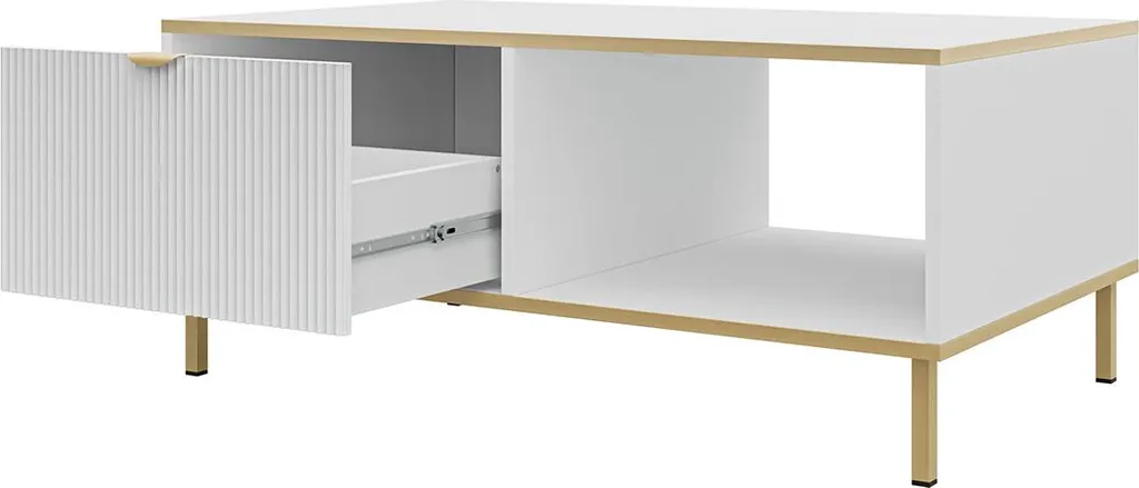 Table Basse pour Salon Moderne 100 cm Blanche et Dorée avec Rangement