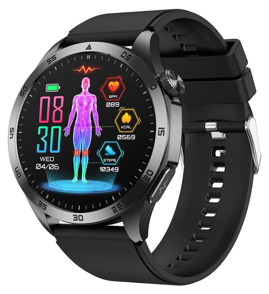 A close-up view of a black smartwatch with a silver bezel, displaying health and fitness data on its screen.