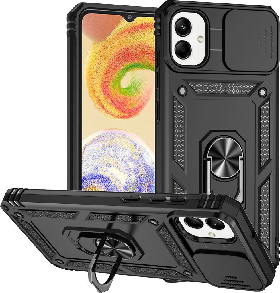 Galaxy A05 Hülle mit Schiebe Kamera Schutz und Ringhalter Ständer Schutzhülle für Samsung Galaxy A05 Schwarz