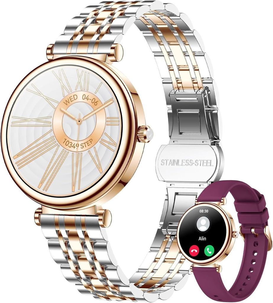 Elegante Smartwatch Damen mit Telefonfunktion 2026 Gold Silber rund mit Blutdruckmessung für Android und IOS Geräte wasserdicht mit Armbandwechsel