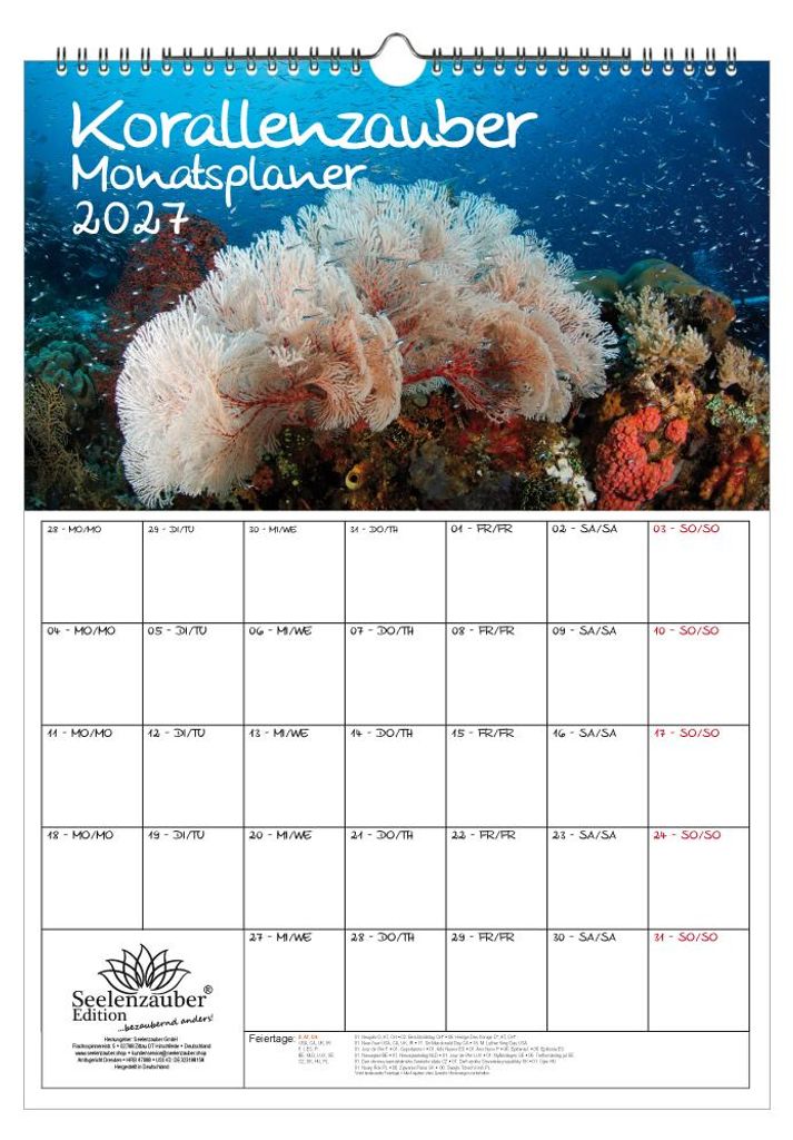 Korallenzauber Planer DIN A3 Kalender für 2027 Unterwasser Korallen - Geschenkset Inhalt: 1x Kalender, 1x Weihnachtsanhänger (insgesamt 2 Teile)