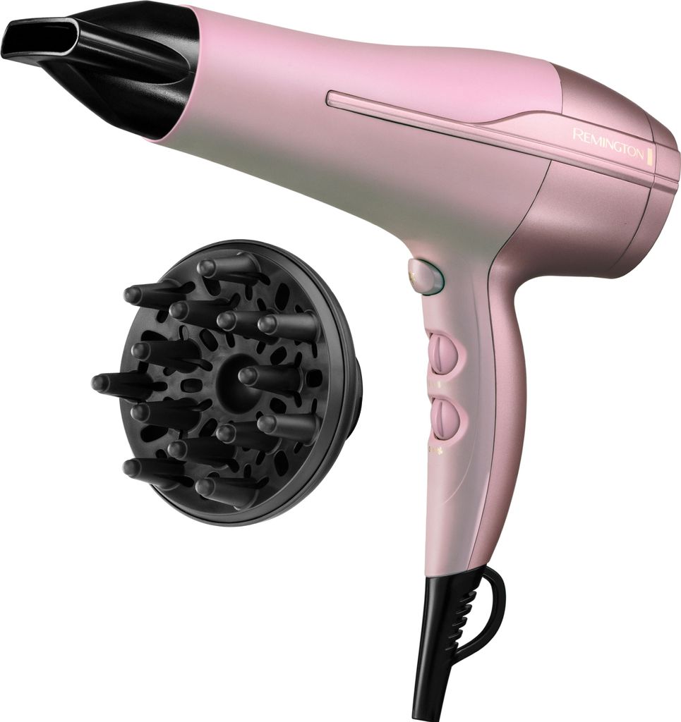 A pink Remington hair dryer with a black diffuser attachment is shown against a white background.