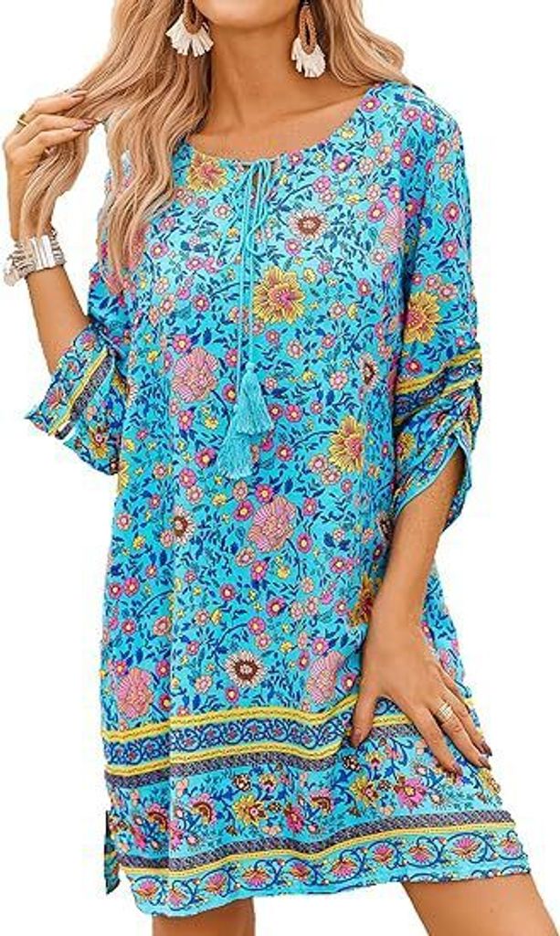 ASKSA Damen Bohemian Tunika Kleid Strandkleid Sommerkleider Vintage Strandkleider 3/4-Arm Rundhals Kleid Blumenmuster Tunikakleider (Blau,XL)