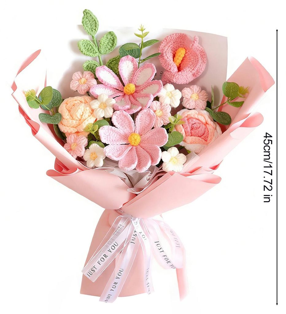 Handgehäkelter Kunstblumenstrauß aus weichem Baumwollgarn, pflegeleicht, mit flexiblen Stielen, künstliche Rosen, Hochzeitsdekoration