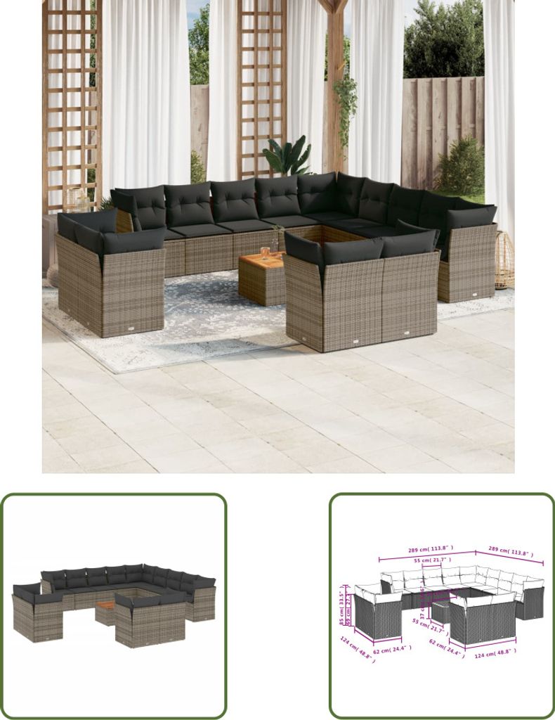 The Living Store 14-tlg. Garten-Sofagarnitur mit Kissen Grau Poly Rattan