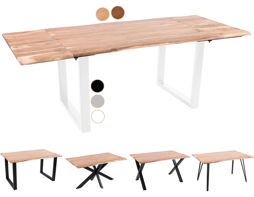 Baumkantentisch 160 (260) x 90 cm Avino, Akazienholz naturfarben & massiv, Esszimmertisch mit 2 Ansteckplatten, Weißes U-Metallgestell, Esstisch a...