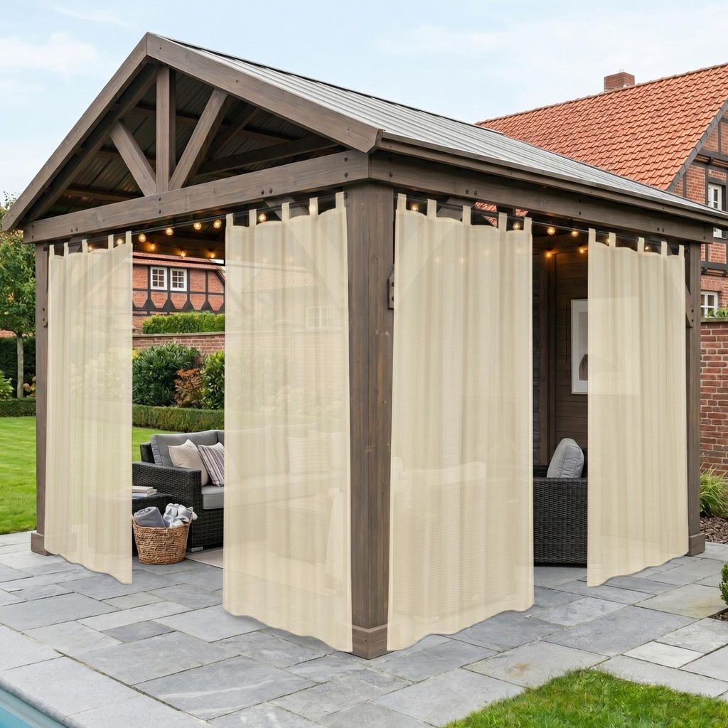 2er Set Outdoor Halbtransparent Vorhänge Wasserdicht Wetterfest Vorhang Gardinen für Außen Balkon Terrasse Hof Garten, B132xH213cm, Beige