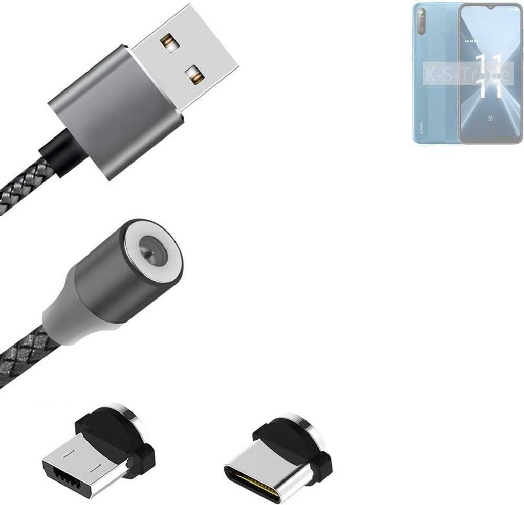 K-S-Trade Hochwertiges Magnet-Lade-kabel Sync-Kabel Daten-Kabel für Lava X2 mit USB-Typ-C-Anschluss und Micro-USB-Anschluss 2A bis zu 480mbps