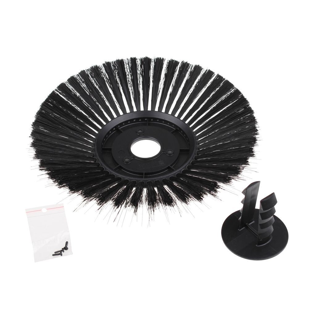 A black brush head, a small plastic bag with screws, and a black plastic mounting piece are arranged on a white background.