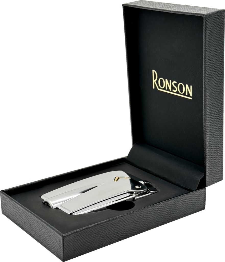 A silver Ronson lighter is displayed in its black presentation box.