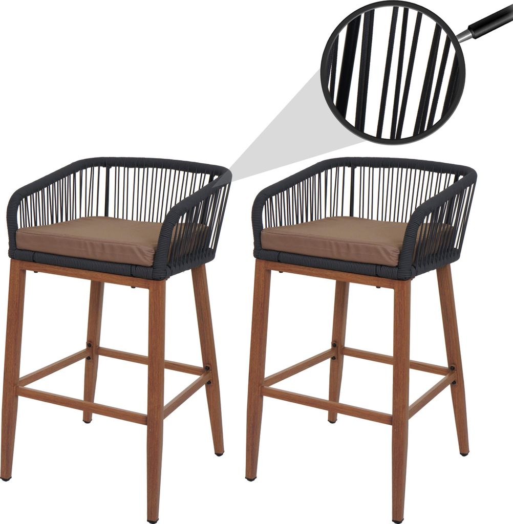 2er-Set Rope-Barhocker HWC-O22, Outdoor Sitzpolster Seilgeflecht Metall Holz-Optik anthrazit, Kissen taupe