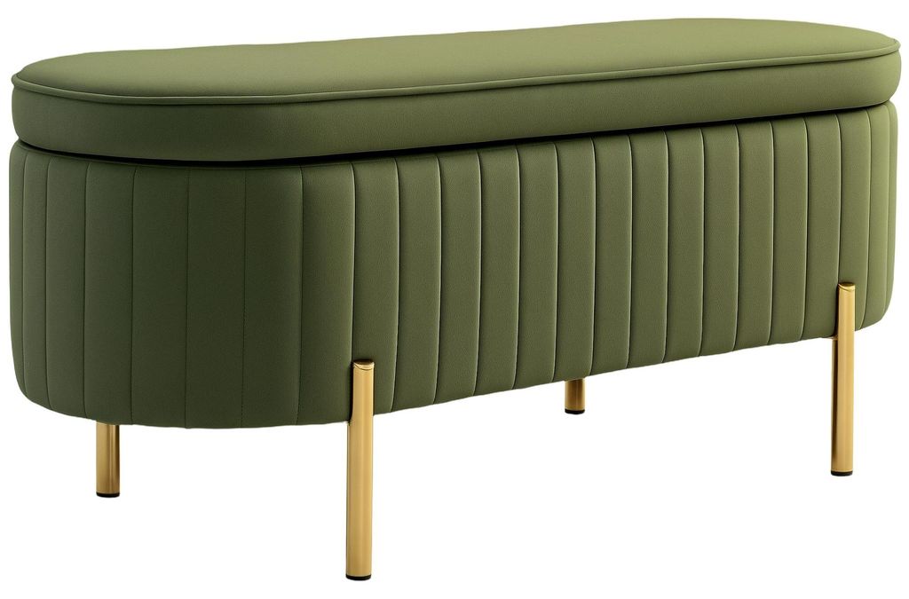 Sitzbank mit Klappdeckel und Stauraum, Stoffbezug, Holz, Metall, Dunkelgrün+Goldfarben, Polyester, Metall, 108 x 44 x 43,5 cm