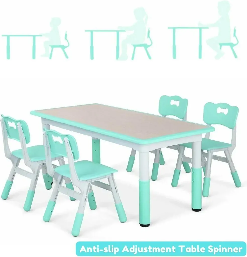 Table enfant hauteur réglable 120x60cm avec 4 chaises bleues résistantes
