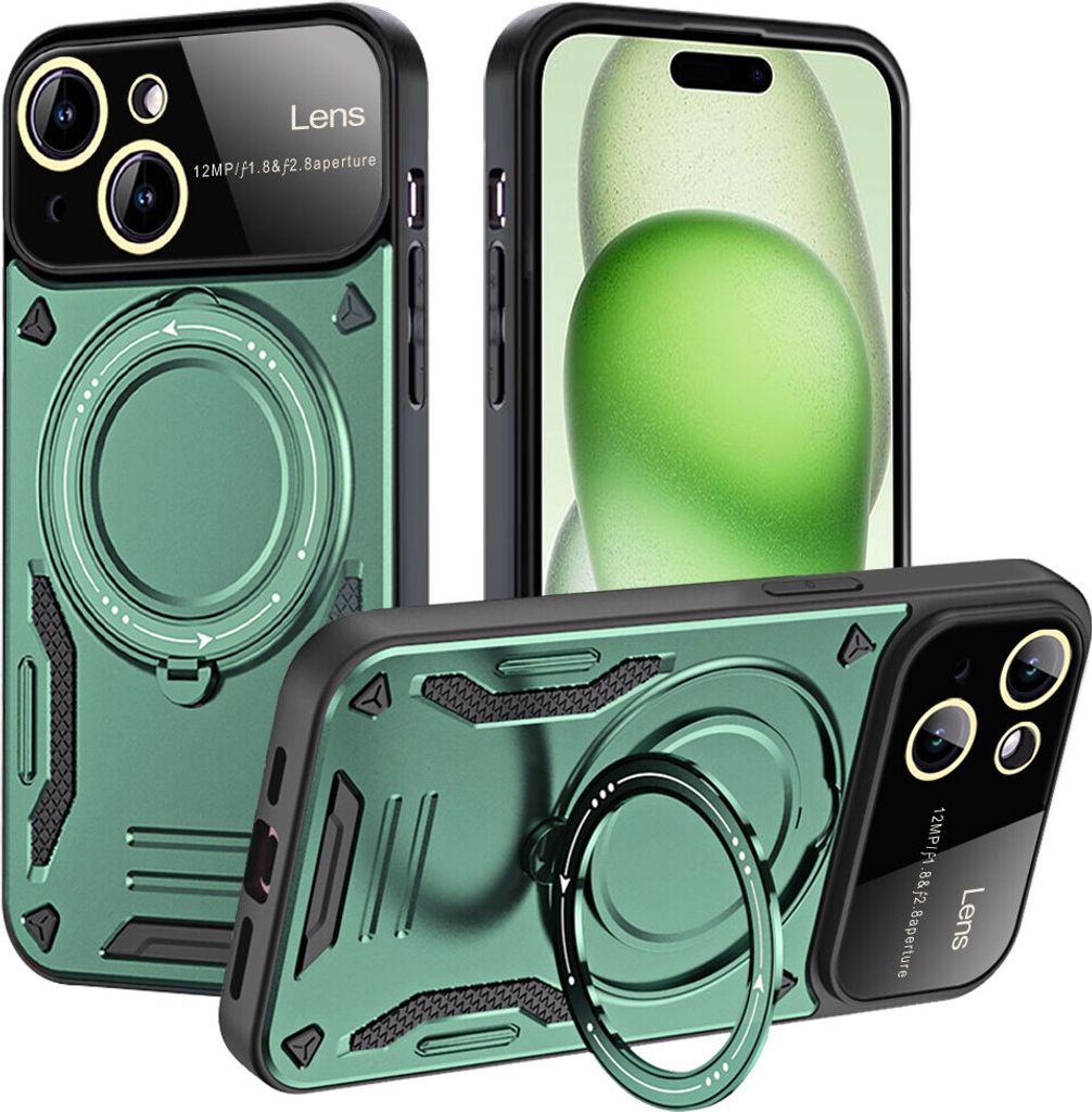 Rüstung Handyhülle für iPhone 15 Dual-Layer Magnetisches Ringhalter Ständer Magsafe Hülle Grün