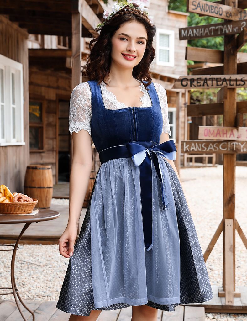Dirndl Damen Samt - Blau & Kupfer Für Oktoberfest