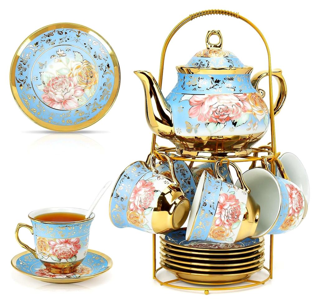 20-teiliges Teeservice aus Porzellan mit Metallhalter, 700 ml Teekanne, Keramik Teeset, Blumendesign mit goldenem Rand, 6 Tassen und Untertassen à...