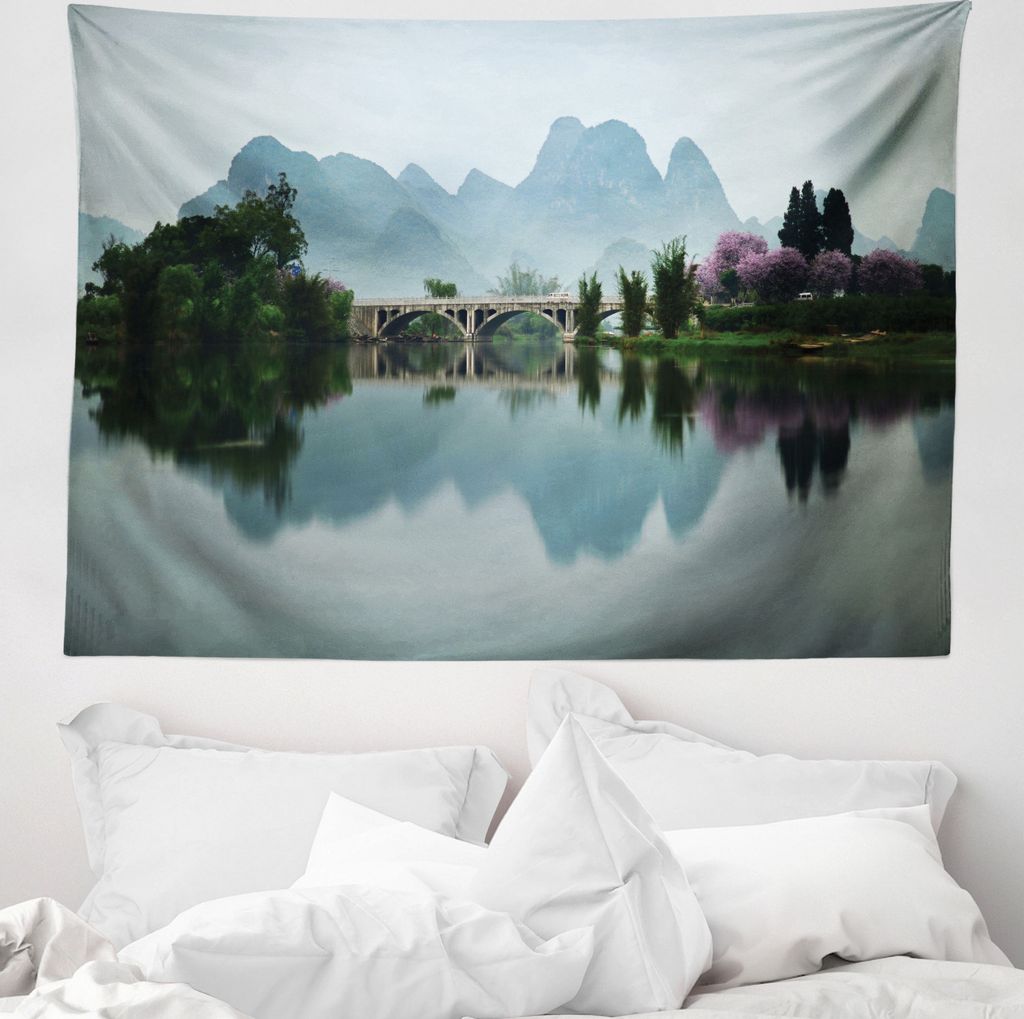ABAKUHAUS Landschaft Wandteppich, Japanese Lake View aus Weiches Mikrofaser Stoff Waschbar ohne Verblassen Digitaldruck, 150 x 110 cm, Mehrfarbig