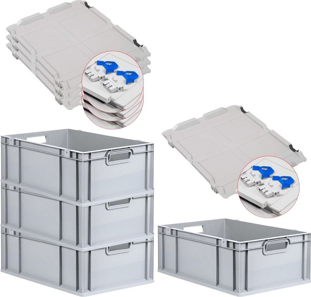 SuperSparSet 4x Eurobox NextGen Economy mit Scharnierdeckel und blauen Schiebeschnappverschlüssen | Griffe offen | HxBxT 22x40x60cm | 44 Liter | E...