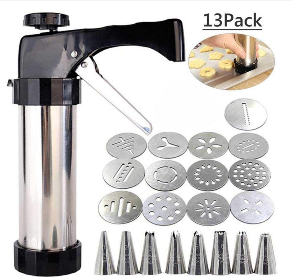 Kekspresse Set 13-tlg, Edelstahl Gebäckpresse mit 8 Spritztüllen, Teigpresse, Keksmaschine für Kuchen & Plätzchen