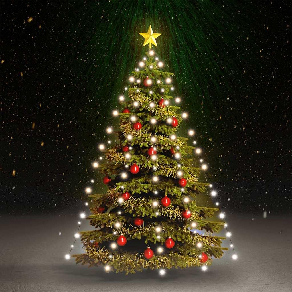 A decorated Christmas tree with lights and ornaments, set against a dark, snowy background with green light rays emanating from the top.