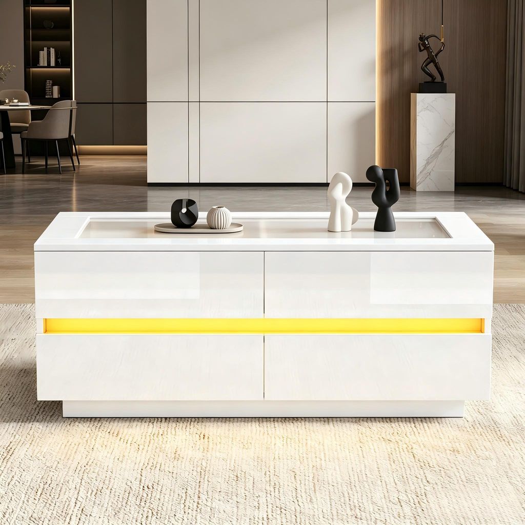 Obývací stolek MODFU, bílý s LED osvětlením, lesklý Obrázek produktu 