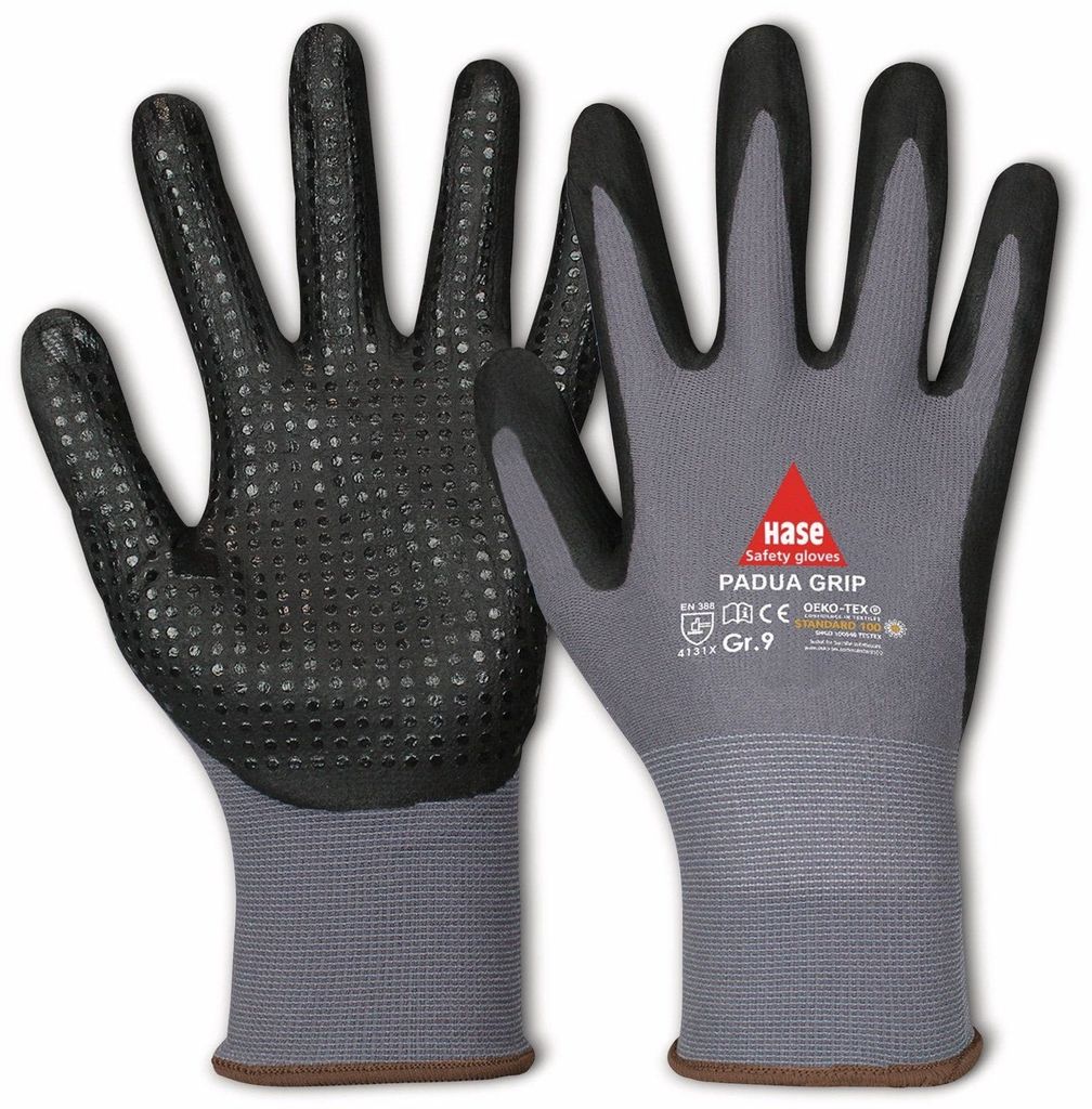 HASE SAFETY GLOVES Arbeitshandschuhe mit Noppen, Padua Grip, EN 388, EN 420, Größe 7, grau/schwarz