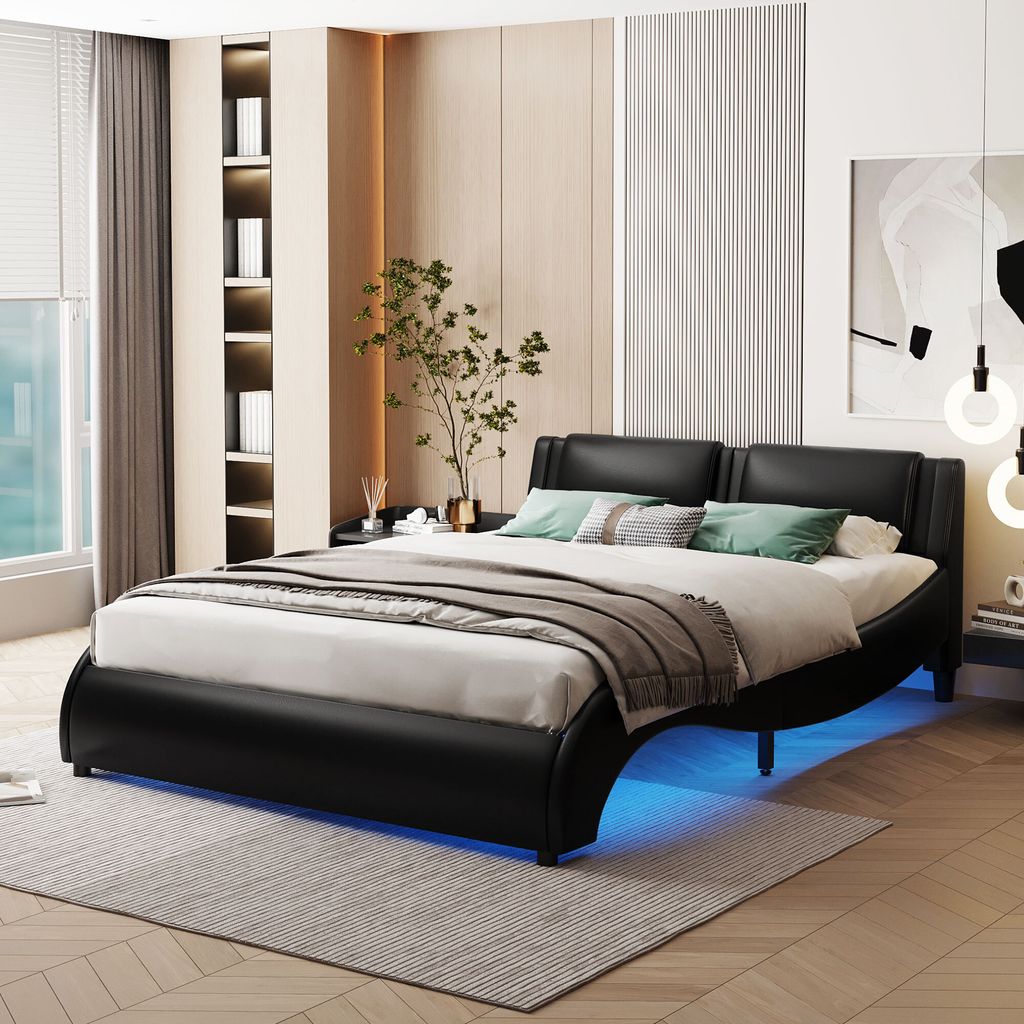 Flieks Polsterbett 140x200cm mit LED, Doppelbett Jugendbett mit Lattenrost, Holzbett Klassisches Bett PU, Schwarz
