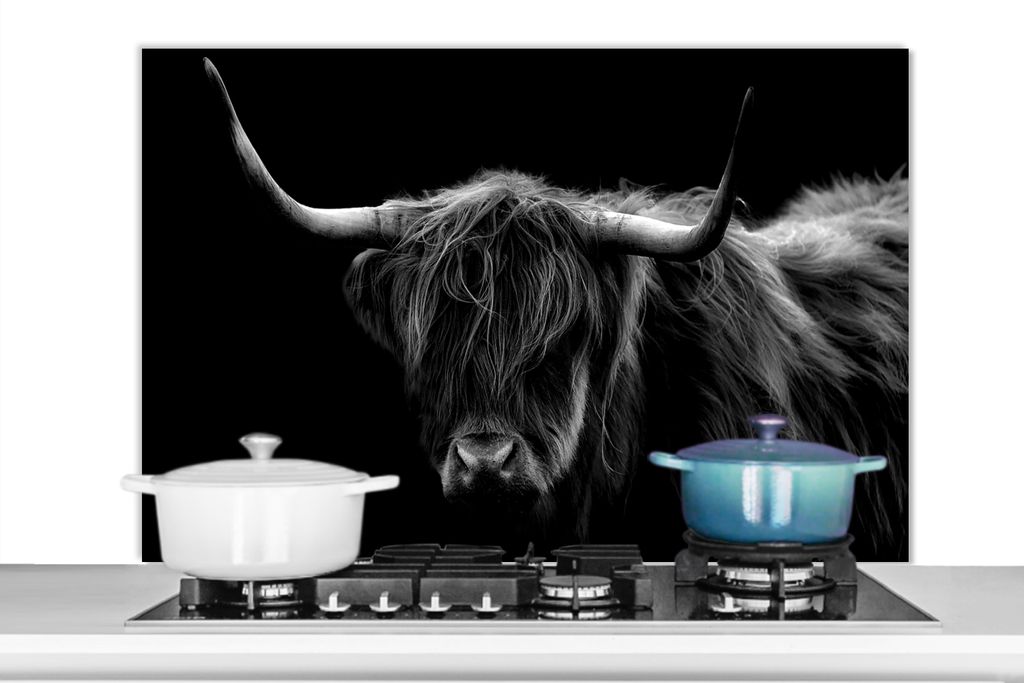 KitchenYeah Spritzschutz Küche - Küchenrückwand - Wandschutz für Herd und Spüle - Schottisches Hochlandrind - Hörner - Schwarz - Tiere - Na...