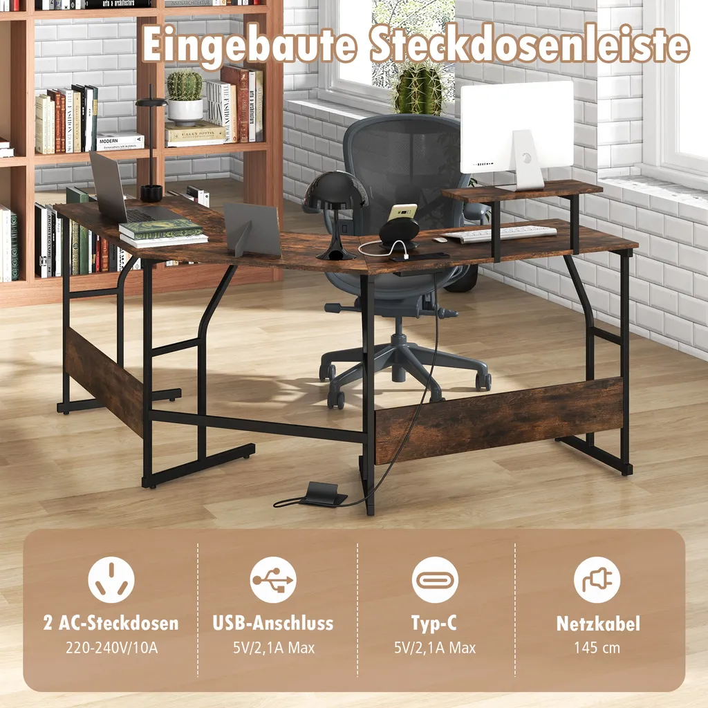 Bureau d'Angle Marron Rustique | Table d'Ordinateur Gain de Place - 4
