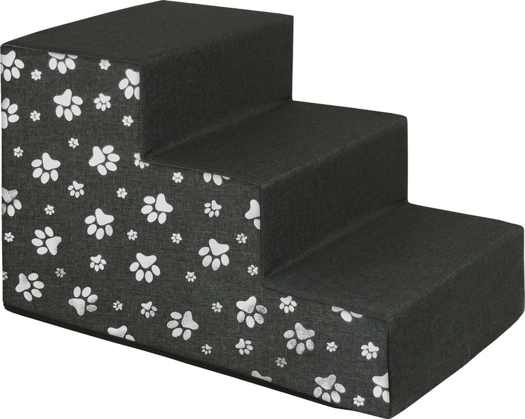 A three-step pet stair with a paw print pattern on the side.