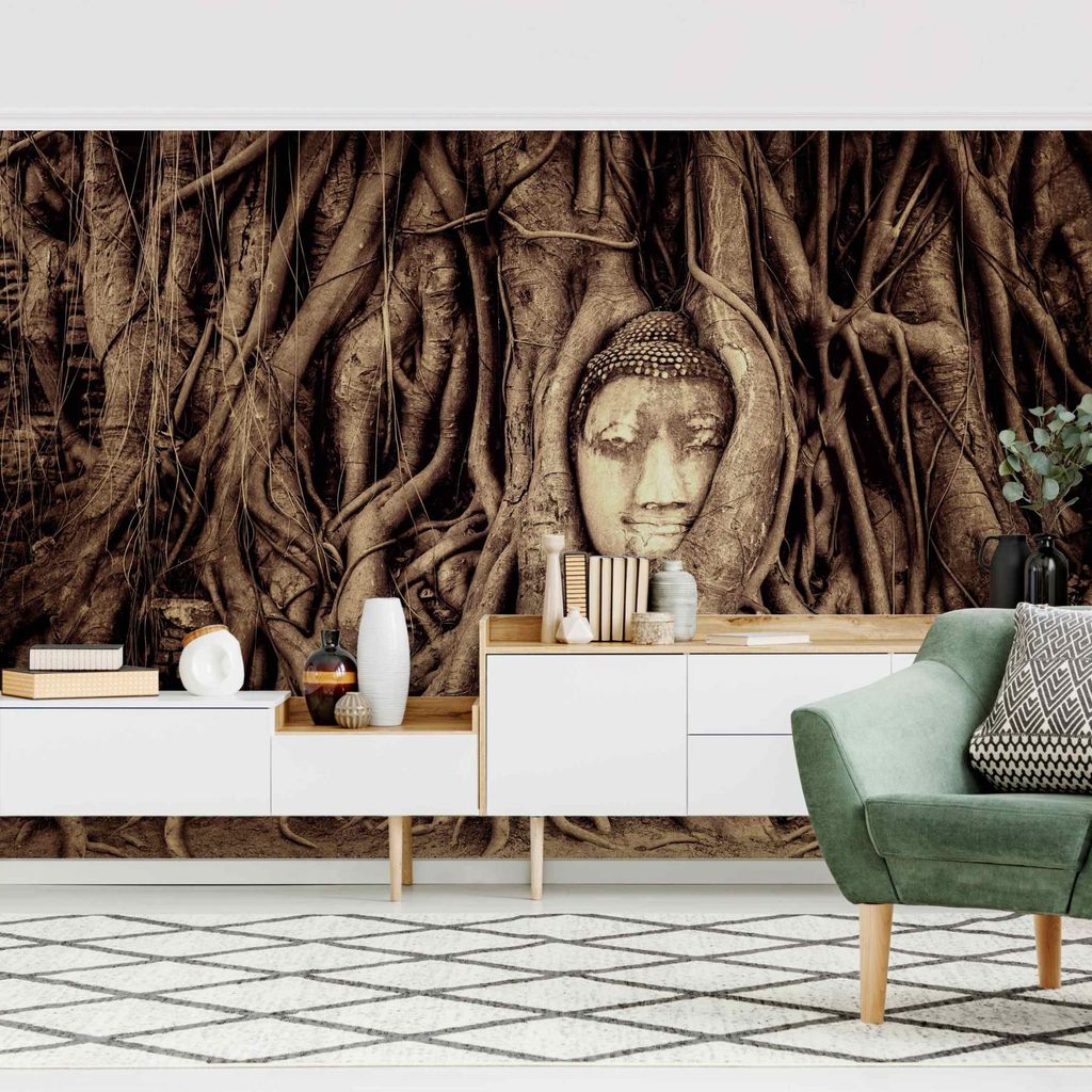 Fototapete Wald - Vliestapete - Bildtapete UV-beständig Buddha braun Vintage Wandtapete geruchsfrei